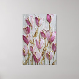 Impressão Em Tela Tulipas Rosa e Branca com Textura Dourada Abstrata
