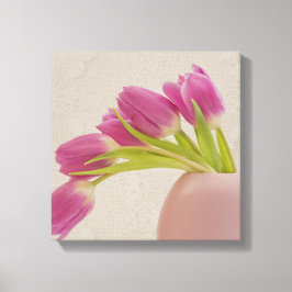 Impressão Em Tela Tulipas Rosa Em Vaso Rosa Arredondado Com rendas
