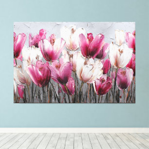 Impressão Em Tela Tulipas Rosa, Magenta e Branca Texturizada Abstrat