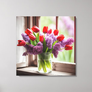 Impressão Em Tela Tulipas Vermelhas e Lilases na Janela