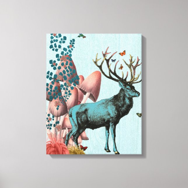Impressão Em Tela Turquesa Deer na Floresta Mushroom (Frente)