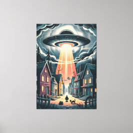 Impressão Em Tela UFO Abduction Night Street Illustration