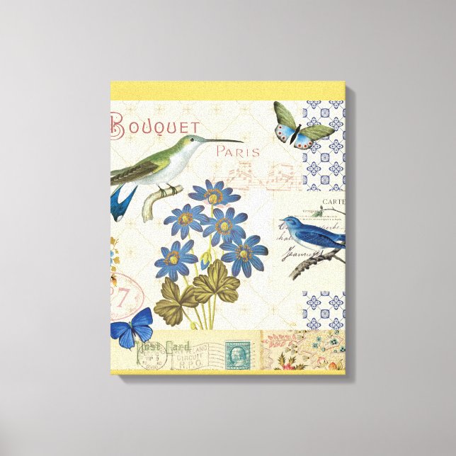 Impressão Em Tela Um Buquê de Flores, Pássaros e Borboletas Azuis (Frente)
