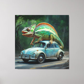 Impressão Em Tela Um camaleão empoleirado num carro numa pintura vib