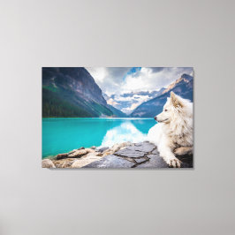 Impressão Em Tela Um cão branco sentado numa formação de rocha