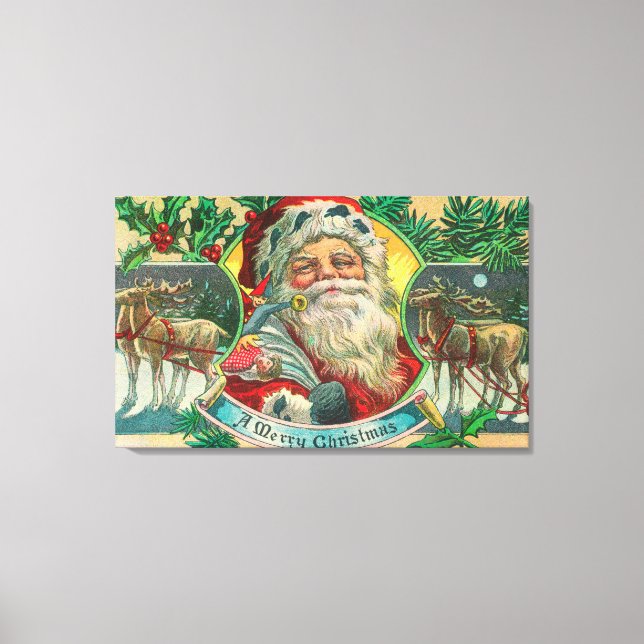 Impressão Em Tela Um Feliz Papai noel de Natal e Cena de Reindeer (Frente)