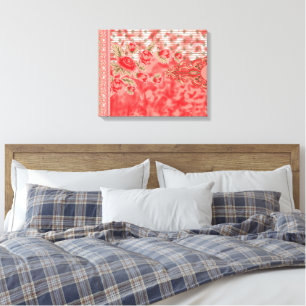 Impressão Em Tela Um padrão floral vermelho e rosa vibrante com el