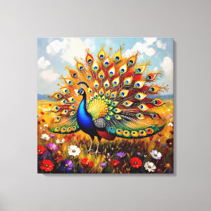 Impressão Em Tela Um Pavão Dourado e Azul