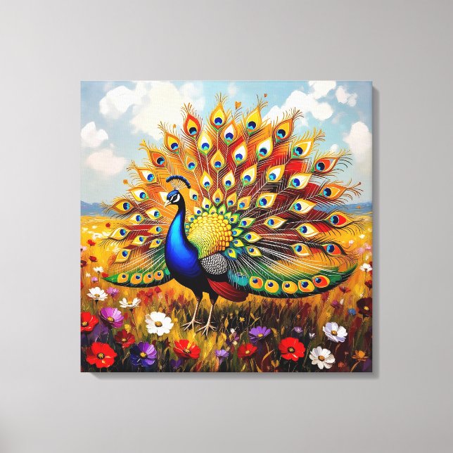 Impressão Em Tela Um Pavão Dourado e Azul (Frente)