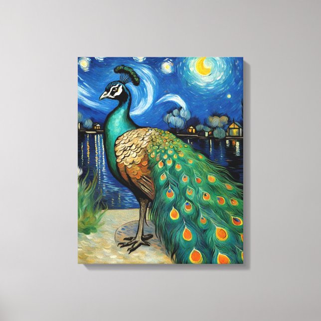 Impressão Em Tela Um Pavão na Noite Estrelada (Frente)