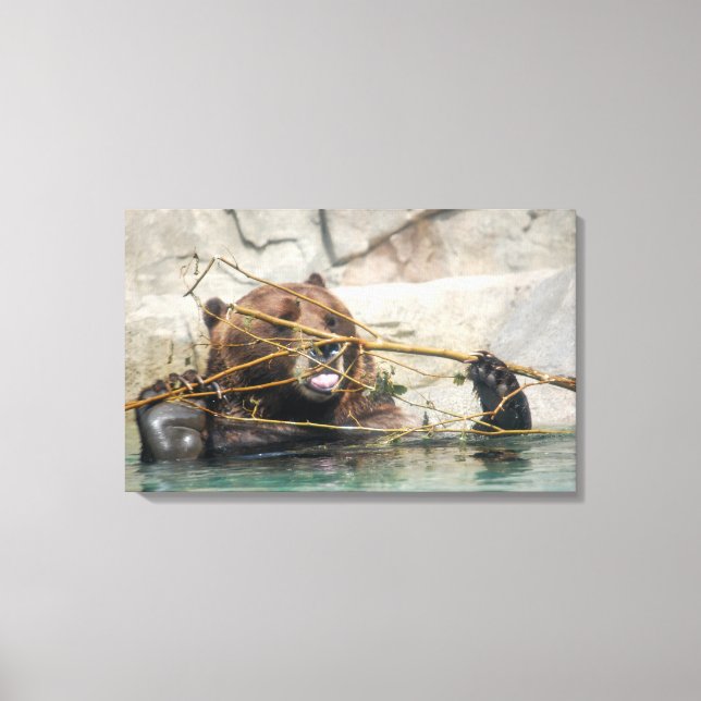 Impressão Em Tela Um Urso Grizzly Brincando na Água (Frente)