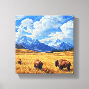Impressão Em Tela Uma bela paisagem com dois bisontes a caminhar