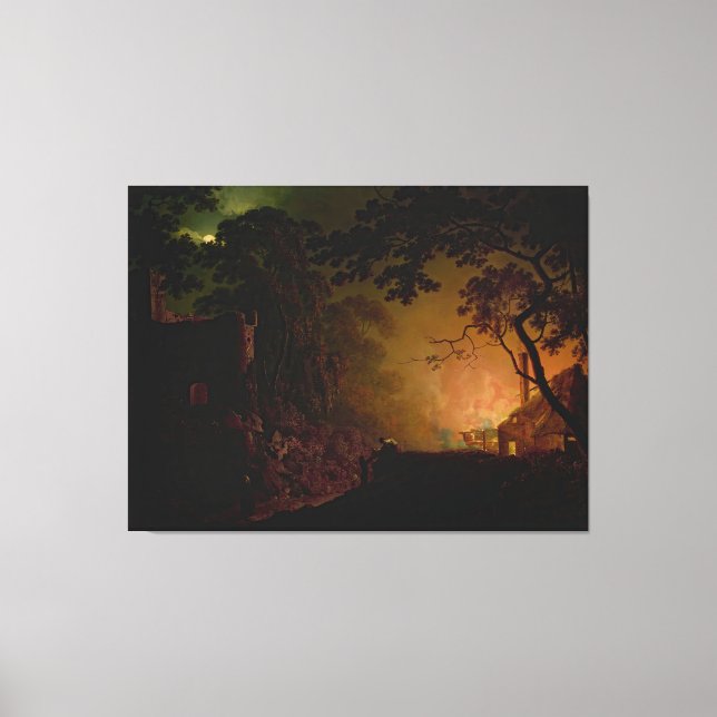 Impressão Em Tela Uma cabana em chamas à noite Joseph Wright de Derb (Frente)