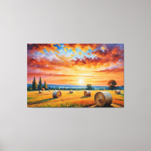 Impressão Em Tela uma pintura de um campo com fardos de feno