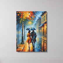 uma pintura de um casal andando numa rua chuvosa