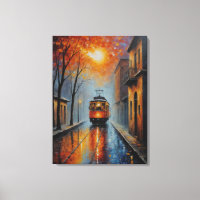 uma pintura de um comboio numa rua molhada