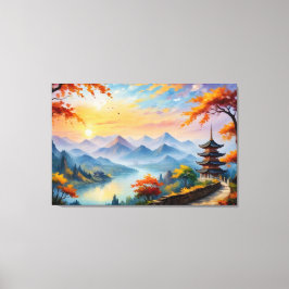 Impressão Em Tela uma pintura de um pagode e um rio