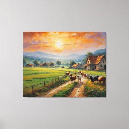 Impressão Em Tela uma pintura de vacas numa estrada num campo