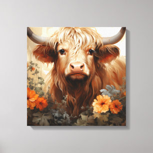 Impressão Em Tela Uma Série de Design de Vaca das Terras Altas Flora