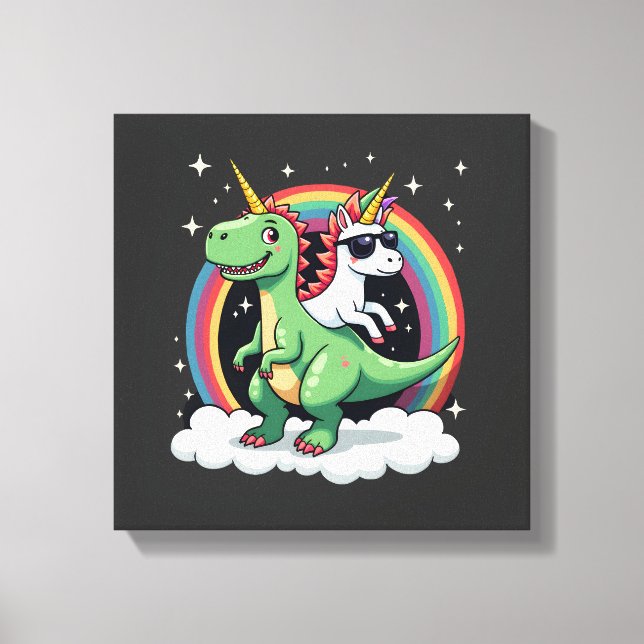Impressão Em Tela Unicórnio Arco-Íris Montando T rex - Dinossauro Me (Frente)
