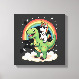 Impressão Em Tela Unicórnio Arco-Íris Montando T rex - Dinossauro Me
