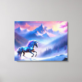 Impressão Em Tela Unicórnio Negro em um panorama de inverno Sonhador