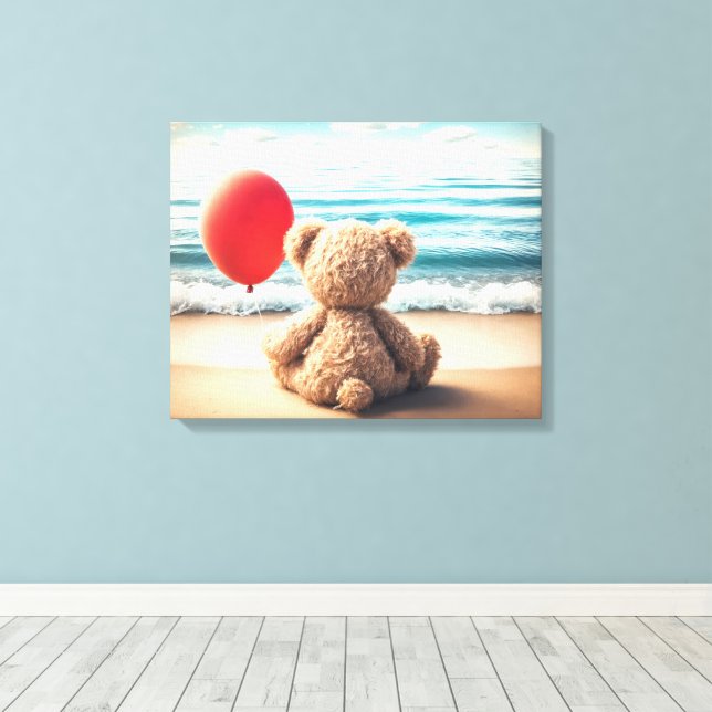 Impressão Em Tela Urso de Pelúcia Com Balão Vermelho (Insitu(piso de madeira))