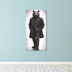 Impressão Em Tela Urso Elegante em Retrato de Terno Escuro Clássico