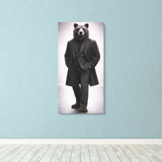 Impressão Em Tela Urso Elegante em Retrato de Terno Escuro Clássico