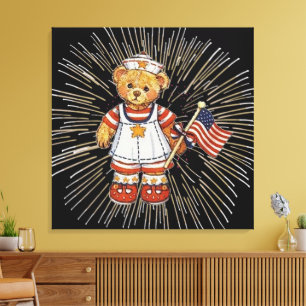 Impressão Em Tela Urso Enfermeira Vintage com Fogos de Artifício Bra