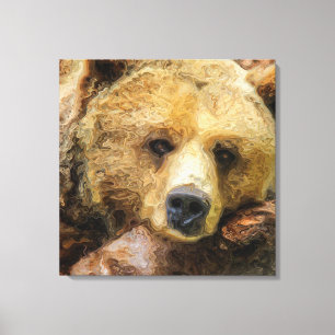 Impressão Em Tela Urso Grizzly preguiçoso com óleo realista na canva