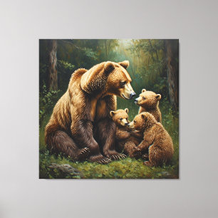 Impressão Em Tela Urso Mãe Com Filhotes em um Ambiente Florestal