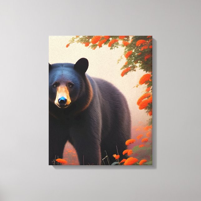 Impressão Em Tela Urso Negro em flores laranja (Frente)
