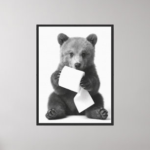 Impressão Em Tela Urso Preto e Branco Selvagem e Divertido Segurando