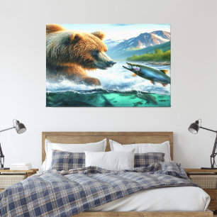 Impressão Em Tela Ursos grizzly com salmão de truta-lombo