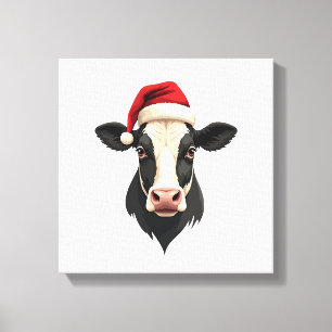 Impressão Em Tela Vaca de Natal Vintage com Chapéu de Papai Noel Ilu