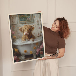 Impressão Em Tela Vaca Highland na Arte Floral Bathtub