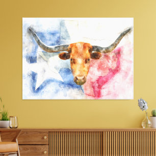 Impressão Em Tela Vaca Longhorn com mapa do Texas e Flag Watercolor