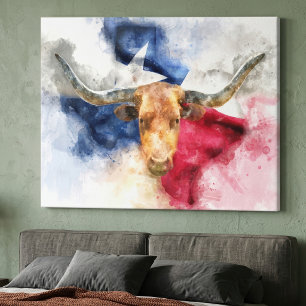 Impressão Em Tela Vaca Longhorn com Texas Flag Map Watercolor