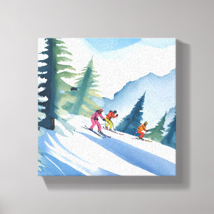 Impressão Em Tela Vamos Esquiar Aquarela de Inverno