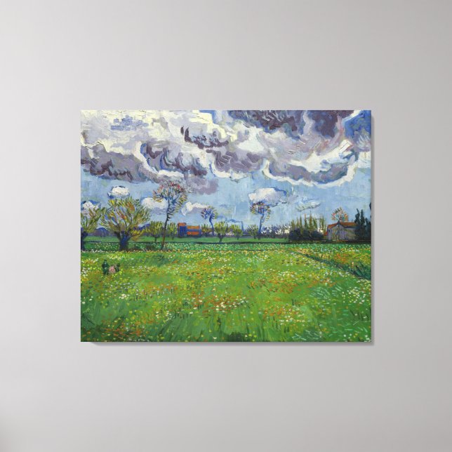 Impressão Em Tela Van Gogh Meadow com flores sob um céu tempestuoso (Frente)