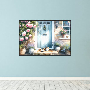 Impressão Em Tela Varanda Floral Cottagecore com Gato Calico