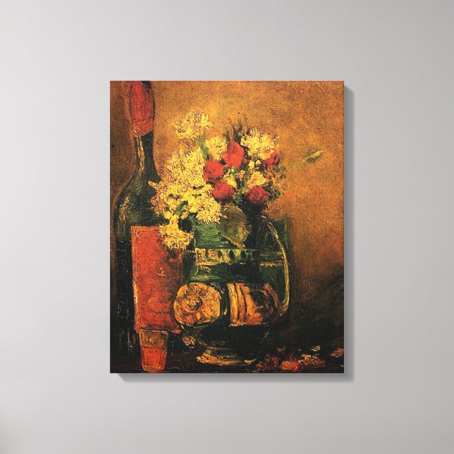 Impressão Em Tela Vase com cravos e Rosas e uma garrafa, Vince (Frente)