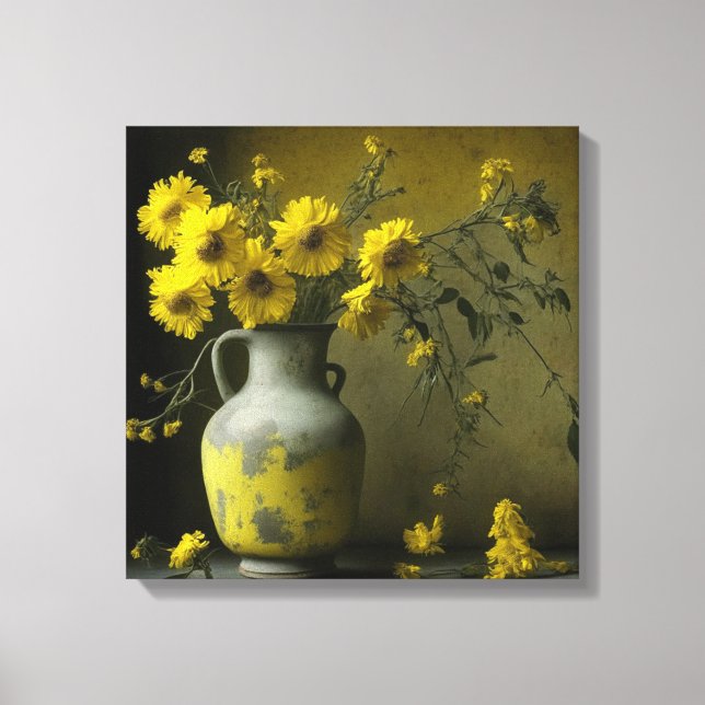 Impressão Em Tela Vaso Antigo de Flores Amarelas (Frente)