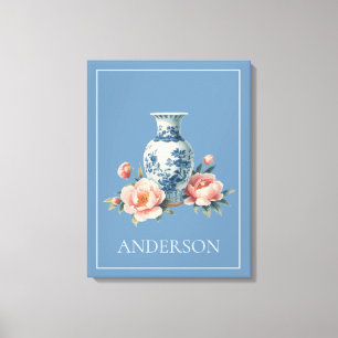 Impressão Em Tela Vaso de Chinoiserie Azul Claro Floral
