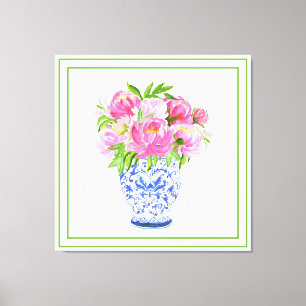 Impressão Em Tela Vaso de Chinoiserie com Peônias Rosa e Borda Verde