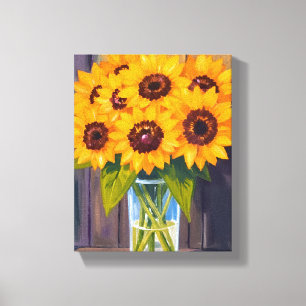 Impressão Em Tela Vaso de Girassóis   Aquarela de Buquê de Flores Am