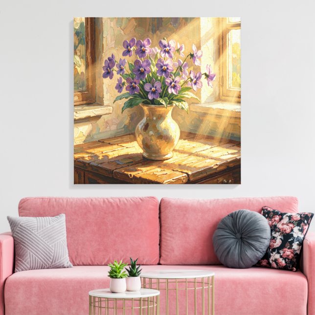 Impressão Em Tela Vaso de Violetas Roxas Impasto (Insitu(Sala de estar))