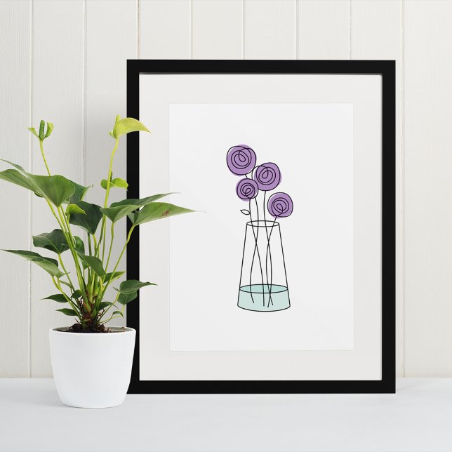 Impressão Em Tela Vaso desenhado à mão de Rosas violetas (Hand Drawn Vase of Violet Roses Canvas Print)