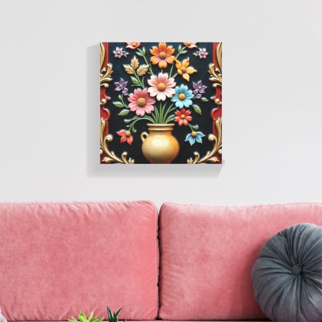 Impressão Em Tela Vaso Dourado com um Buquê Vibrante (Insitu(Sala de estar))